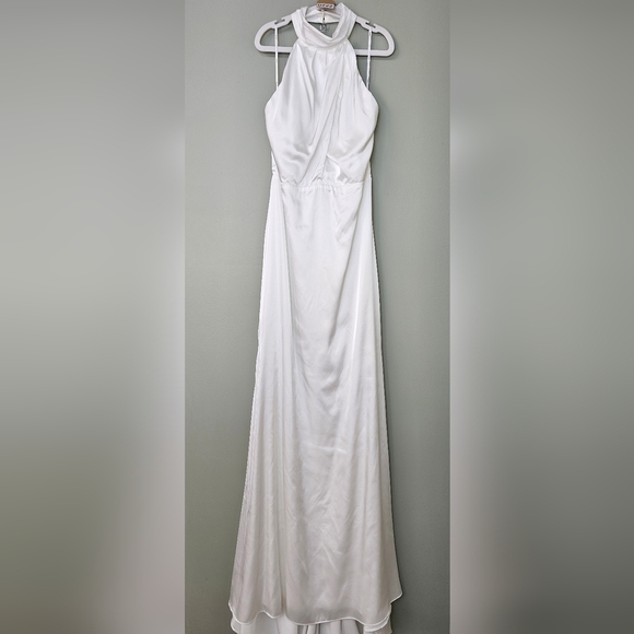 Lulus Luxe Destiny White Satin Backless Halter Mermaid Maxi Wedding Dress  Gown L